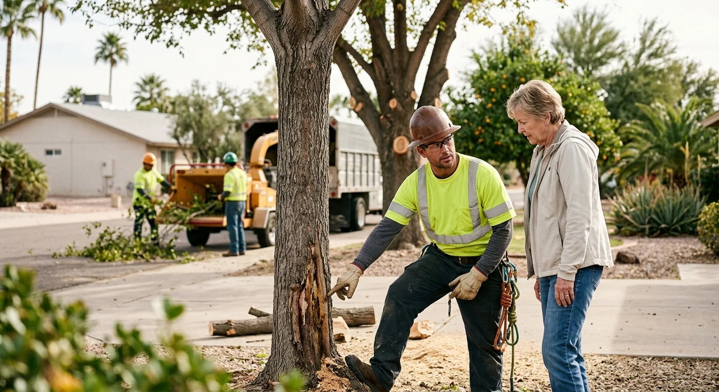 Arborist inspecting a mature shade tree canopy in a Sun City desert yard
