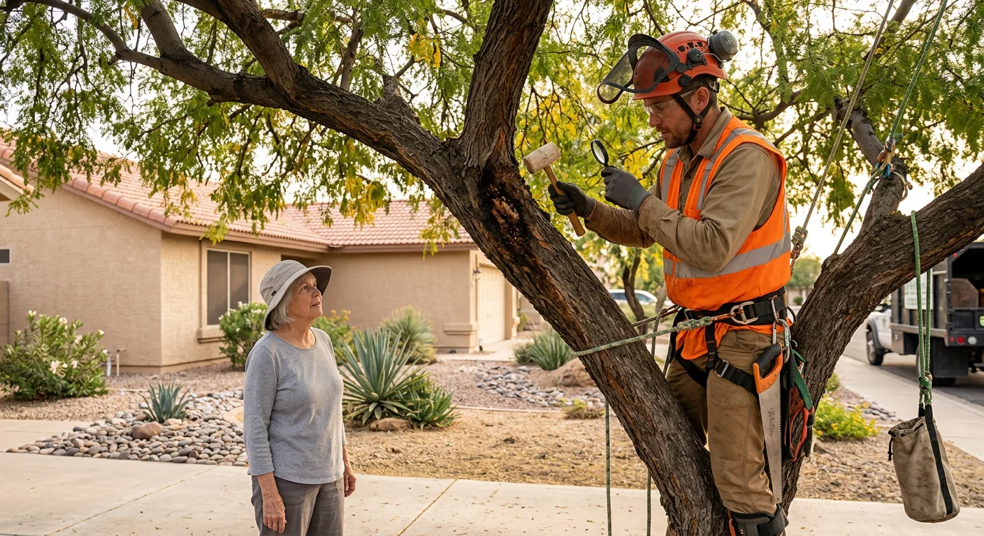 Arborist inspecting a mature shade tree canopy at a Sun City home