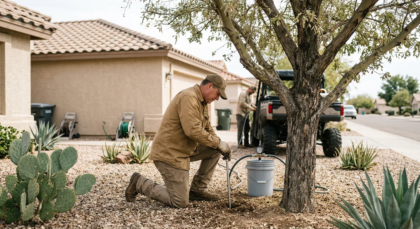 Deep-root fertilization treatment applied to a desert tree in a residential yard