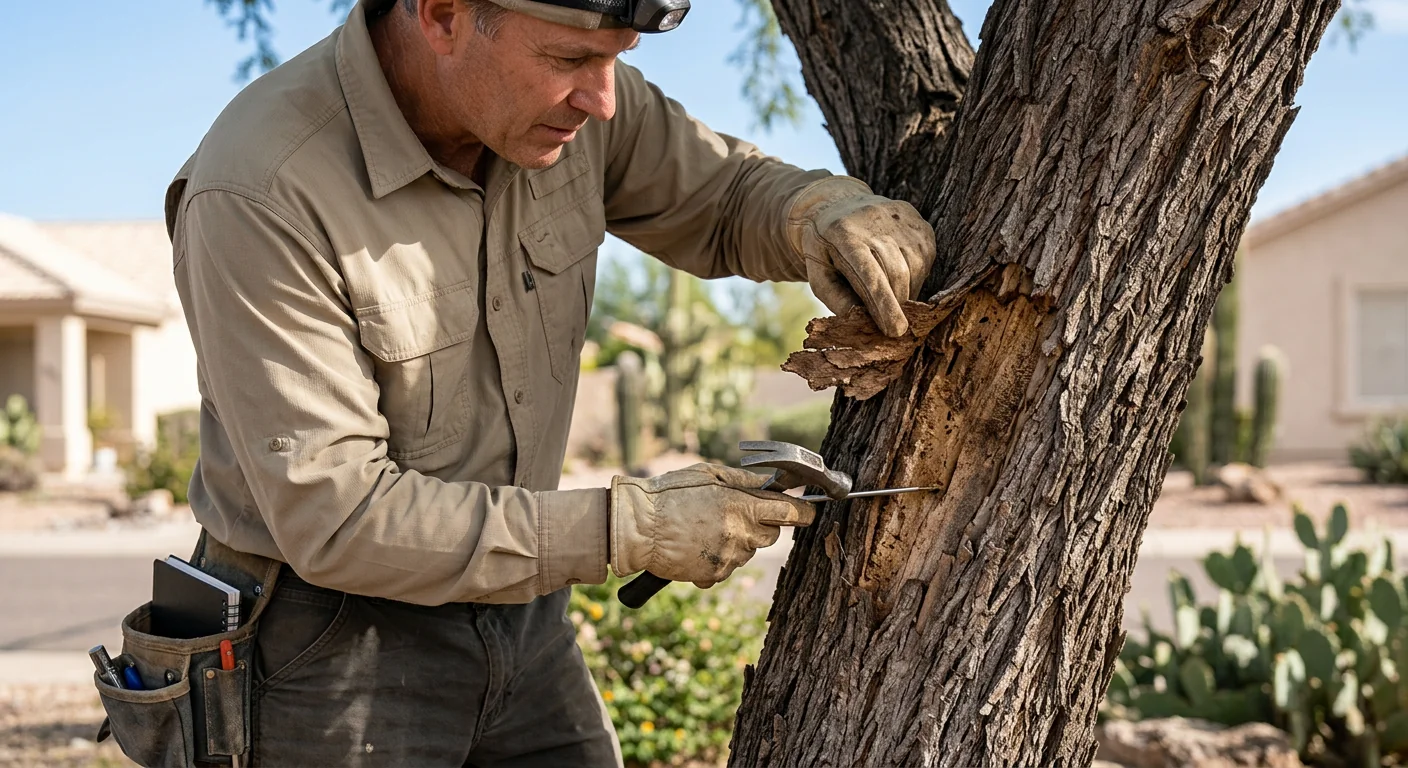 Close view of bark and deadwood being checked during a tree health assessment