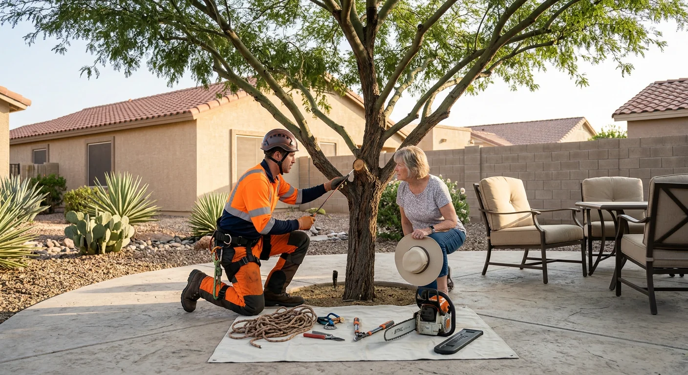 Healthy pruned mesquite tree shading a Sun City backyard patio