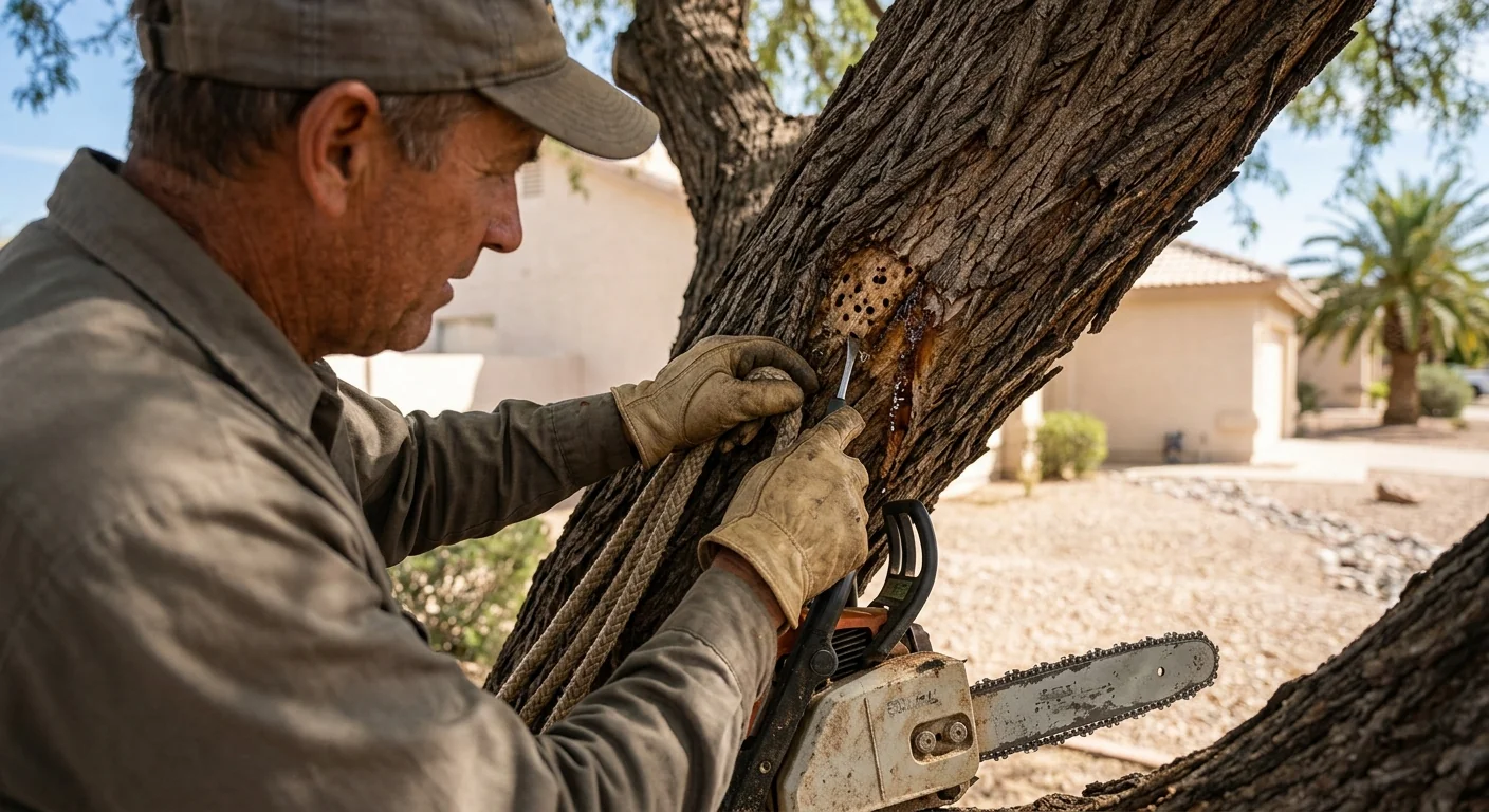 Bark beetle damage and frass visible on a stressed desert tree trunk