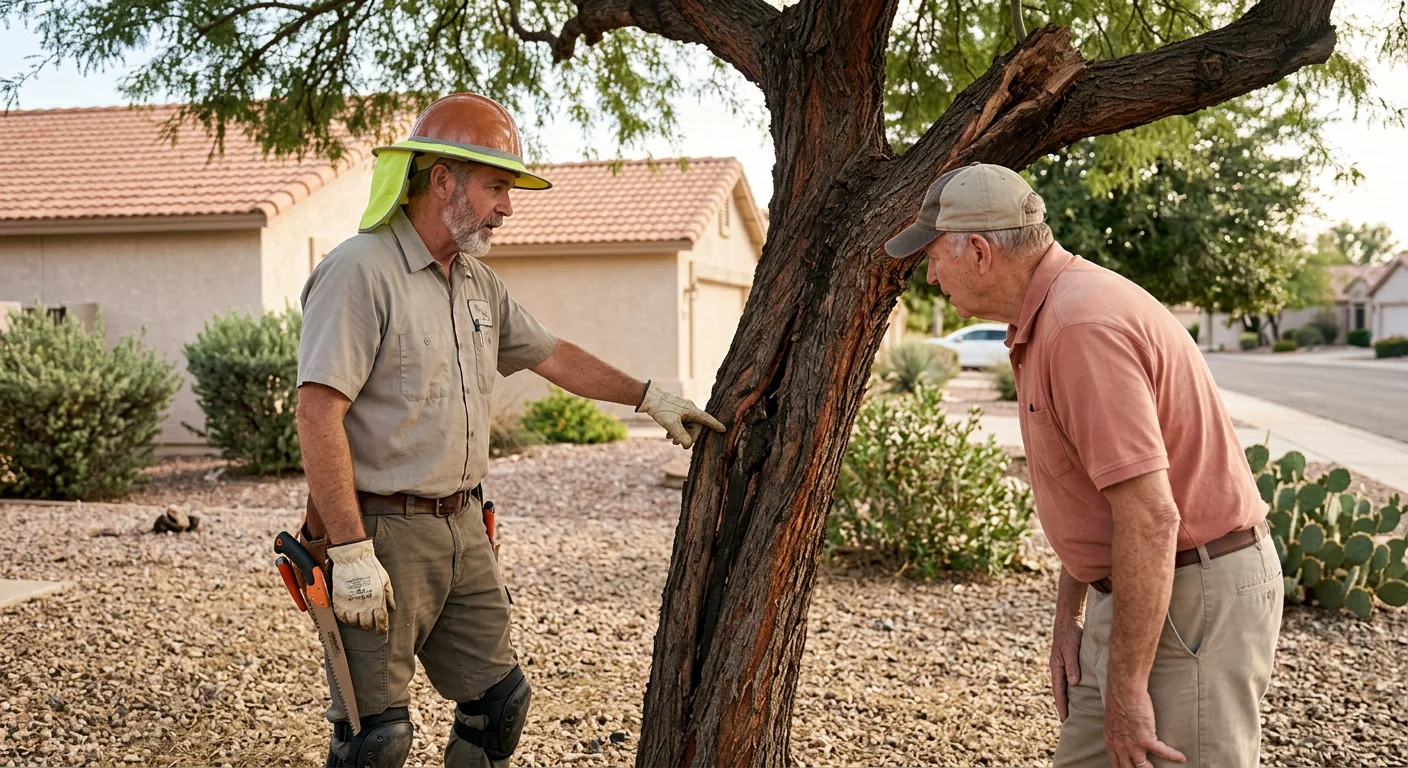 Newly planted young tree with support stakes in a Sun City desert yard