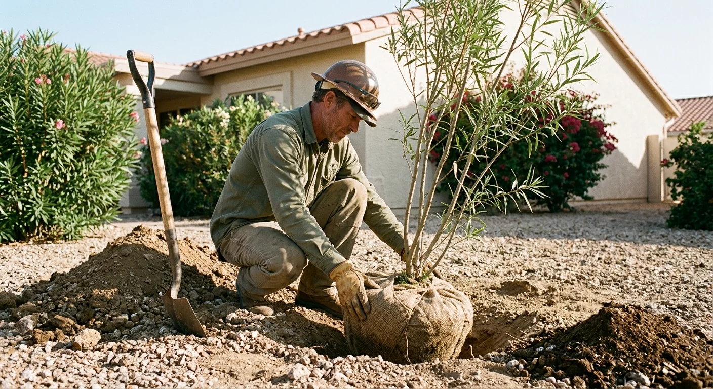 Arborist positioning a young shade tree in prepared desert soil