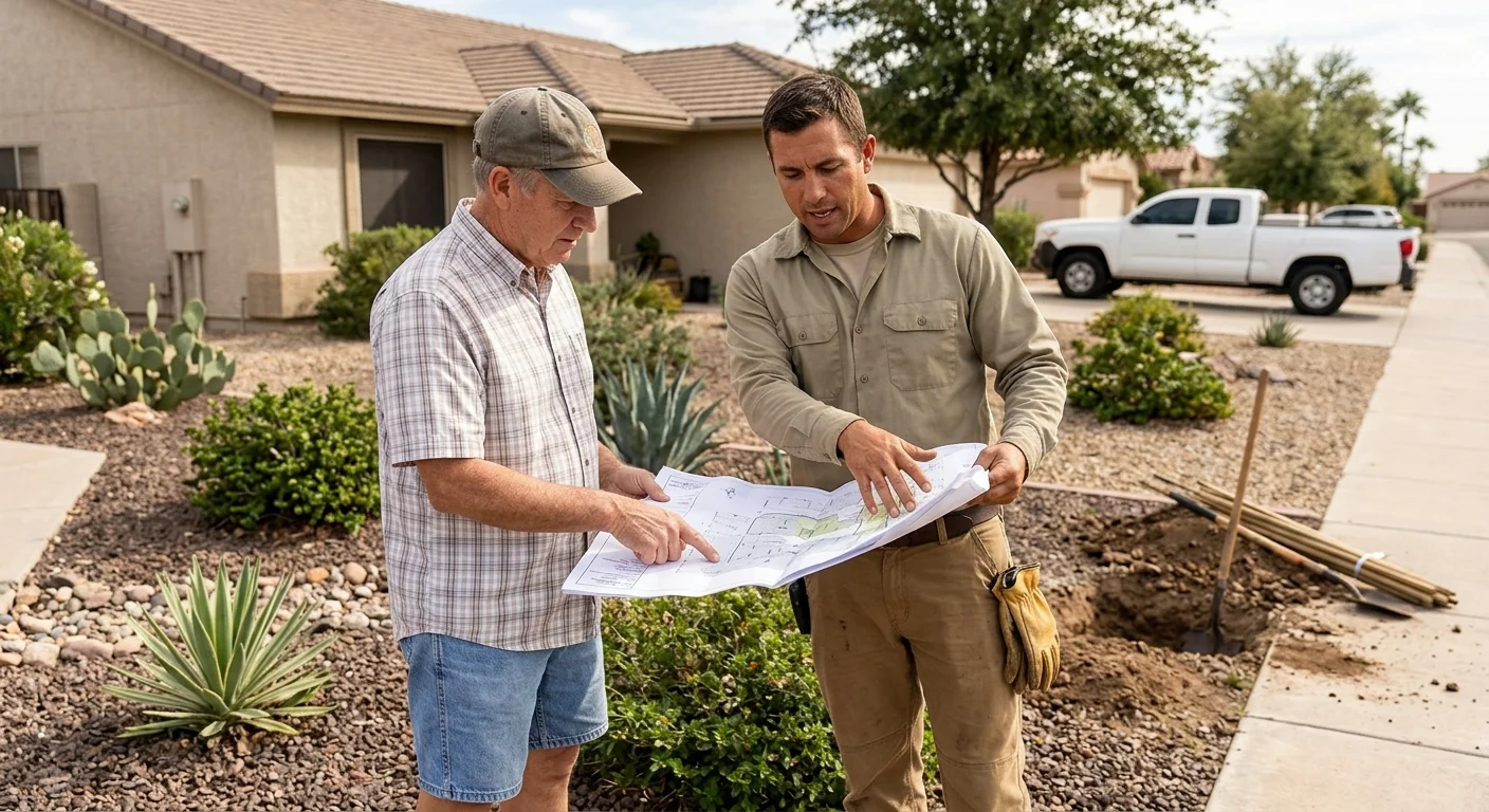 Homeowner reviewing tree placement plan with a planting specialist