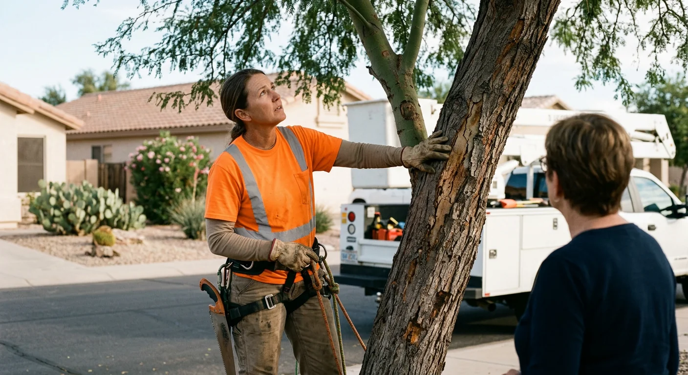 Struggling young tree showing leaf scorch in dry Sun City soil