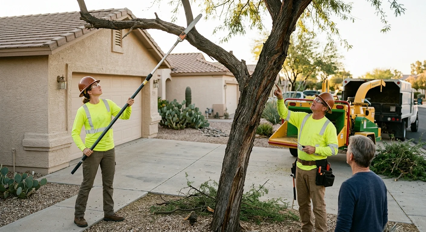 Arborist pruning a mature tree canopy above a residential Sun City backyard