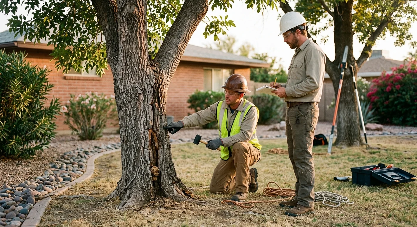 Arborist pruning a desert tree in a residential Sun City Arizona yard