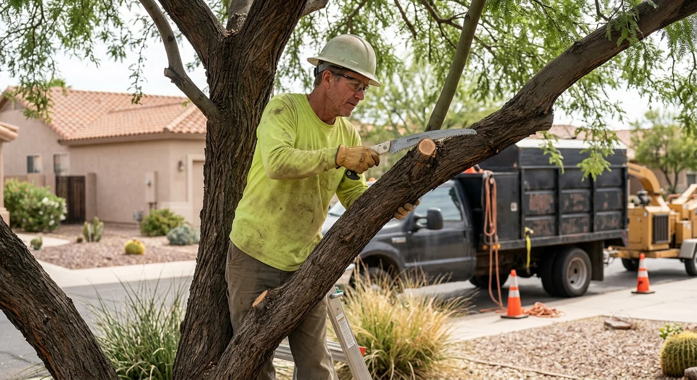 Arborist making a precise pruning cut on a mature desert tree in Sun City