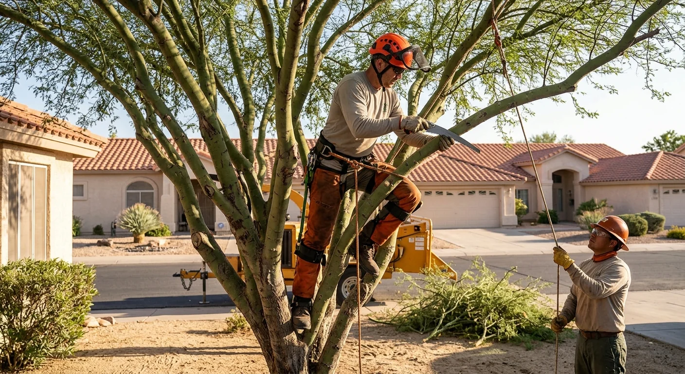 Crown thinning work opening dense canopy on a residential palo verde
