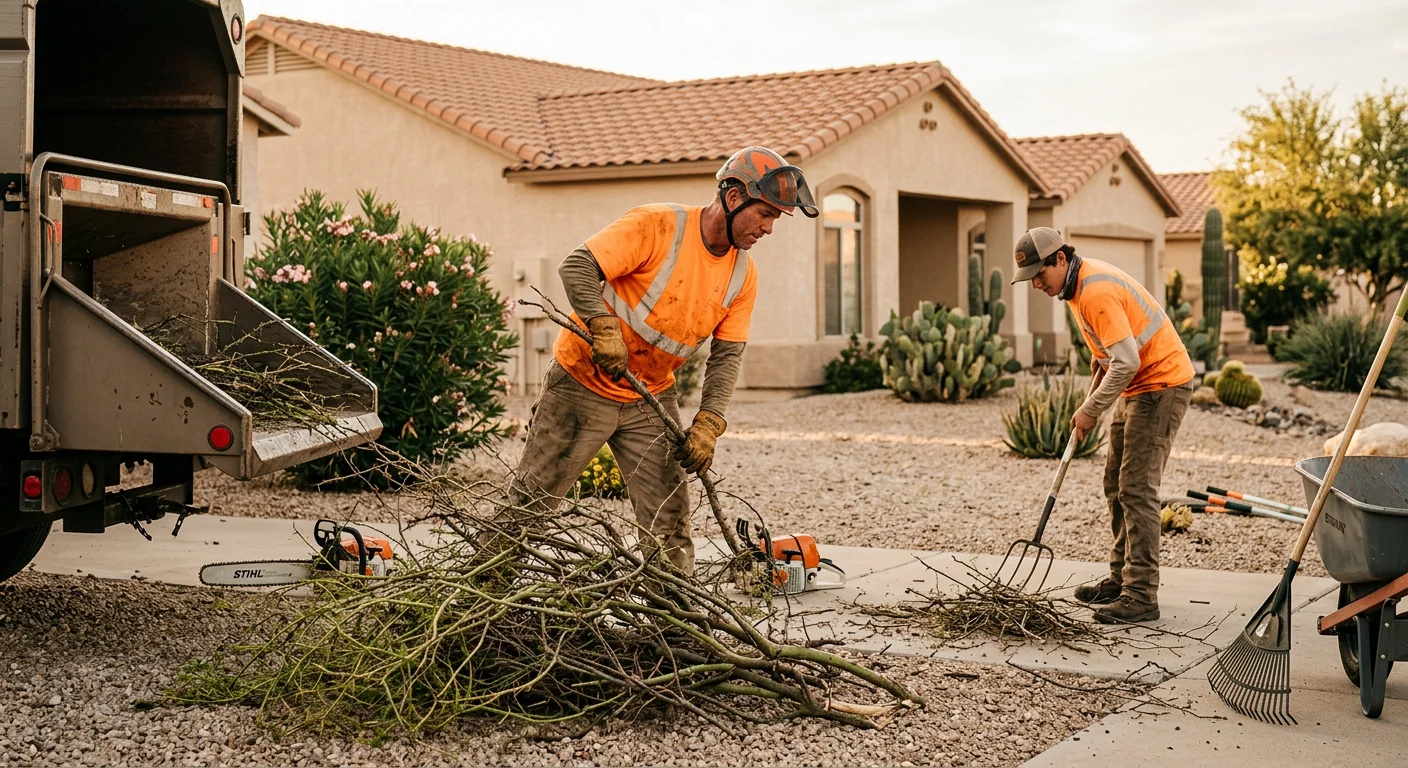 Ground crew clearing pruned branches from a Sun City backyard property