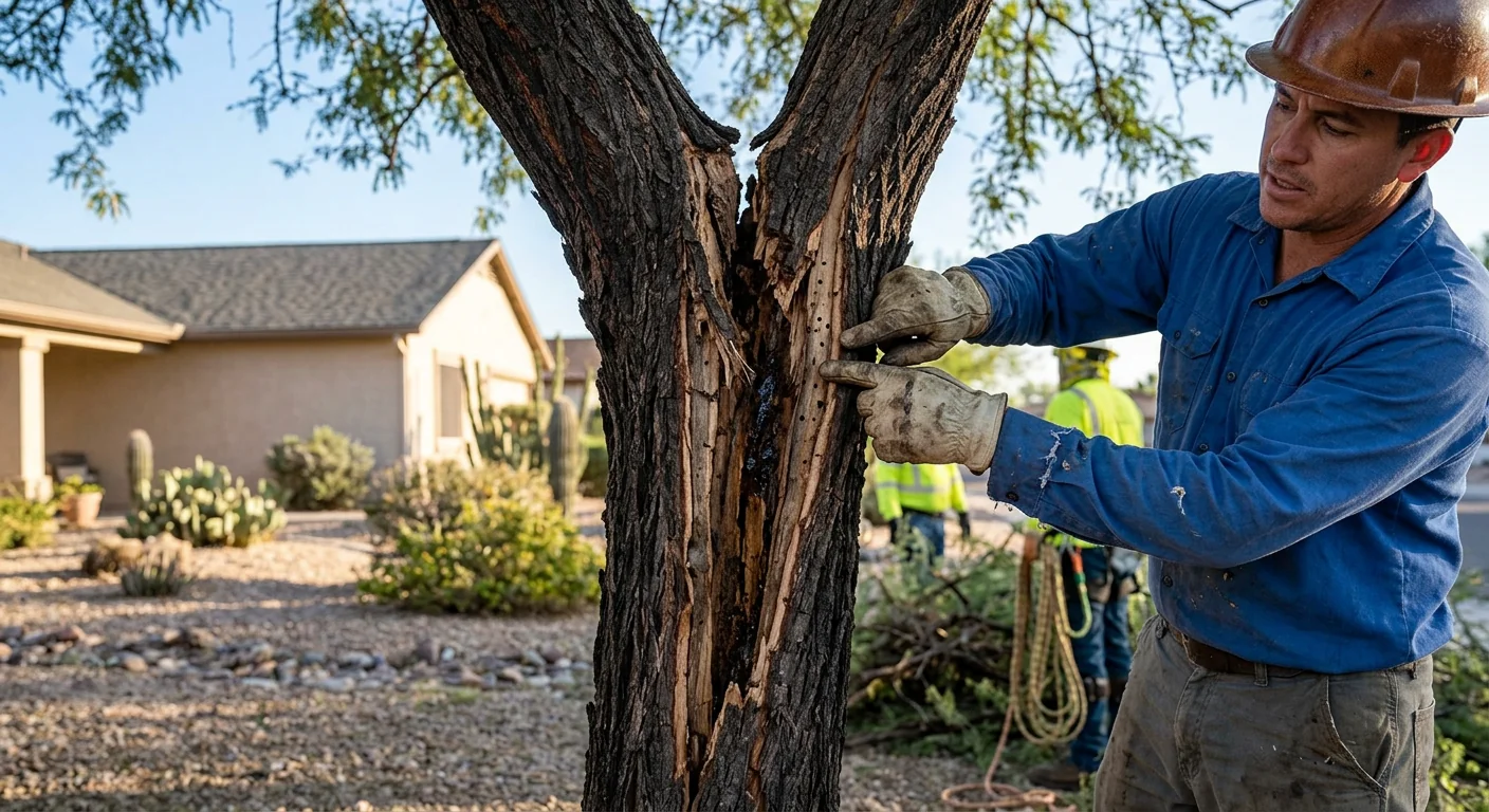 Deadwood and weak branch union on a stressed desert tree