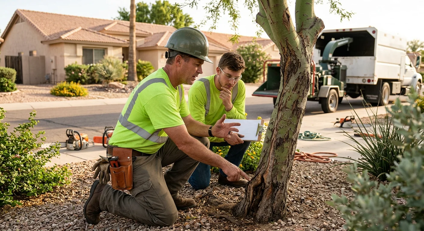 Crew member making a clean pruning cut on a tall shade tree