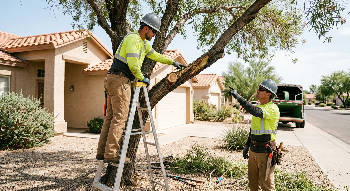 Arborist evaluating a large tree for removal pricing in a Sun City backyard