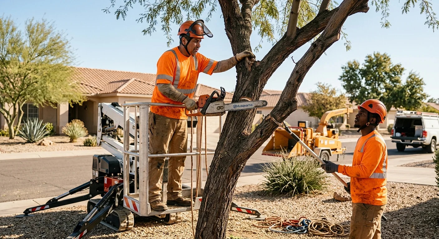 Certified crew safely removing a large hazardous tree from a Sun City backyard