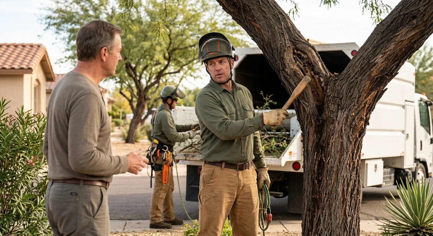 Arborists removing a large tree from a residential desert yard in Sun City