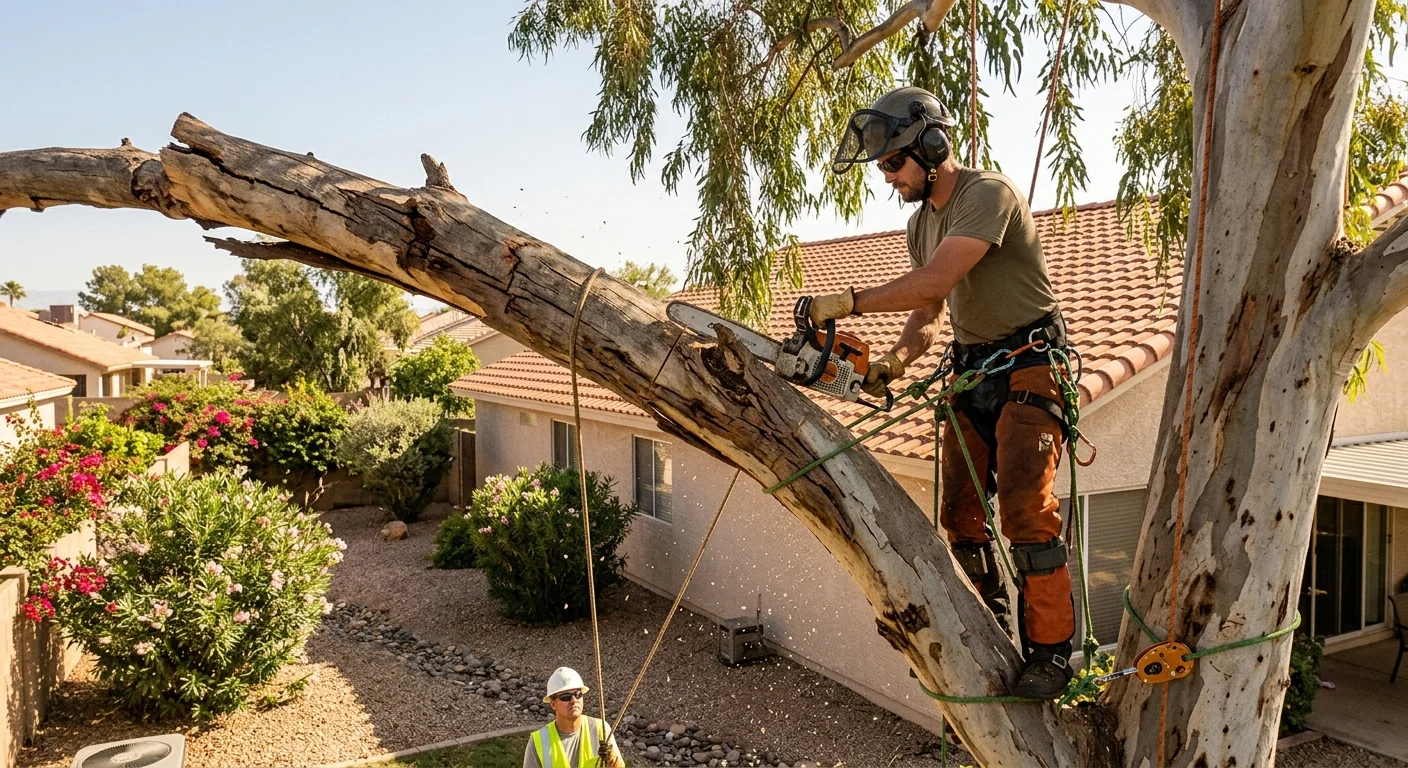 Arborist sectioning a large tree limb over a Sun City backyard
