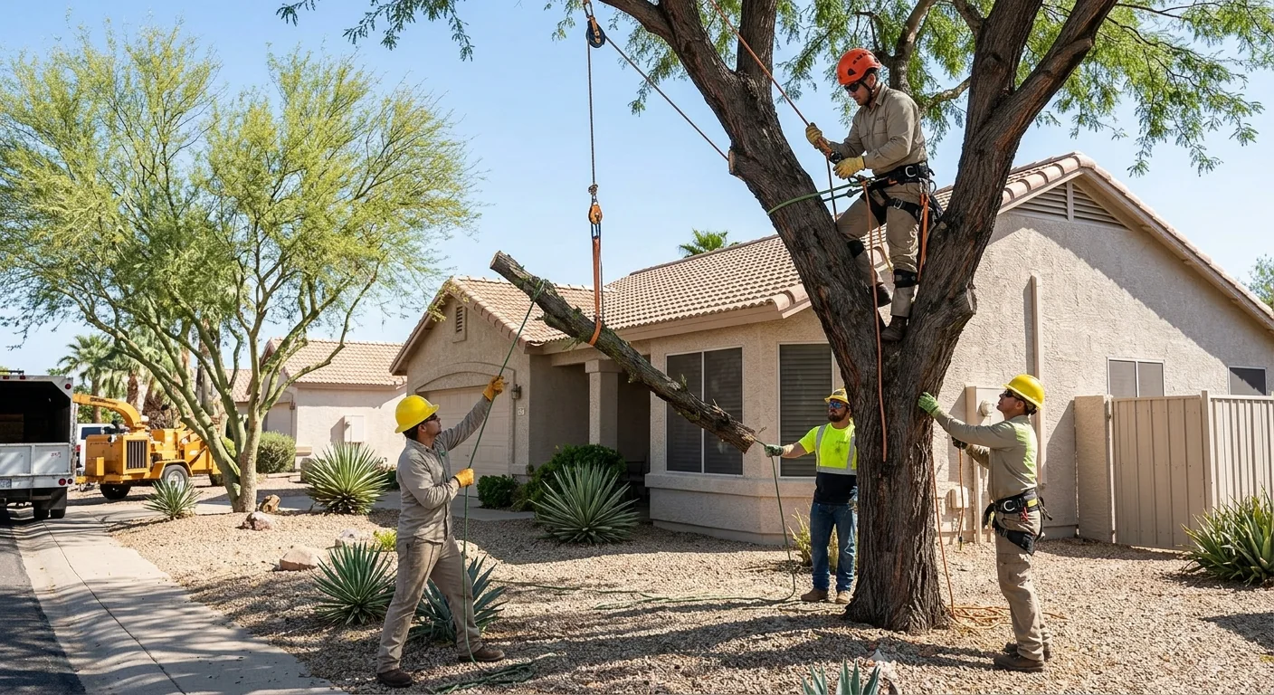 Crew rigging and lowering branches near a residential home safely