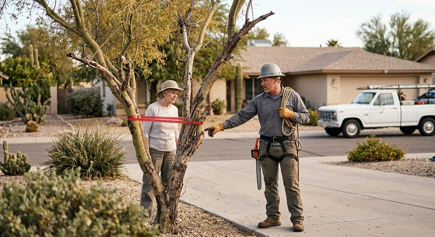 Declining desert tree marked for removal beside a driveway
