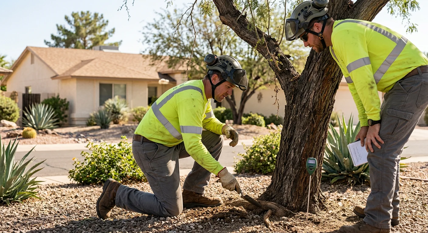 Leaning desert tree with visible trunk decay near a home