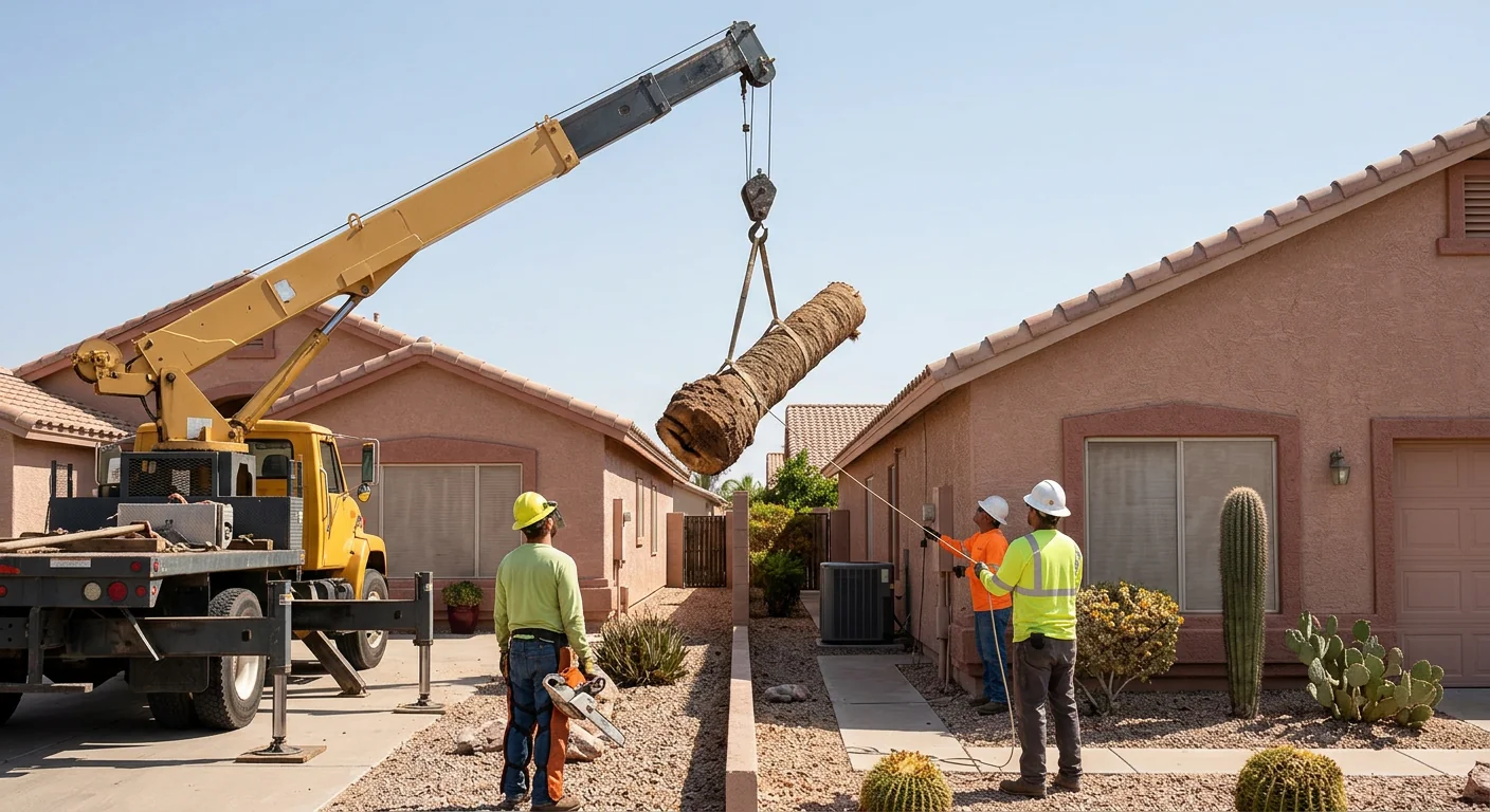 Crane-Assisted Palm Removal in a Tight Lot