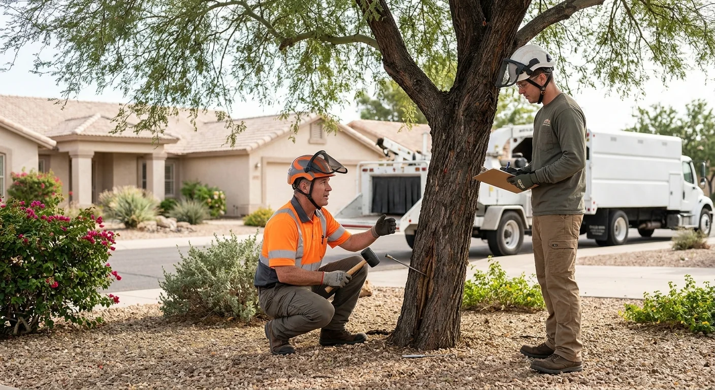 Tree removal crew safely dismantling a large tree near a Sun City home