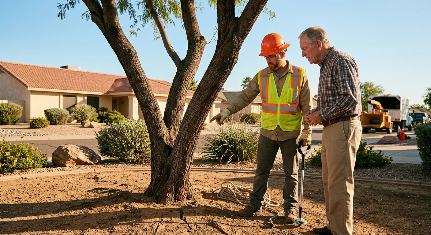 Arborist inspecting trunk decay before planning a removal