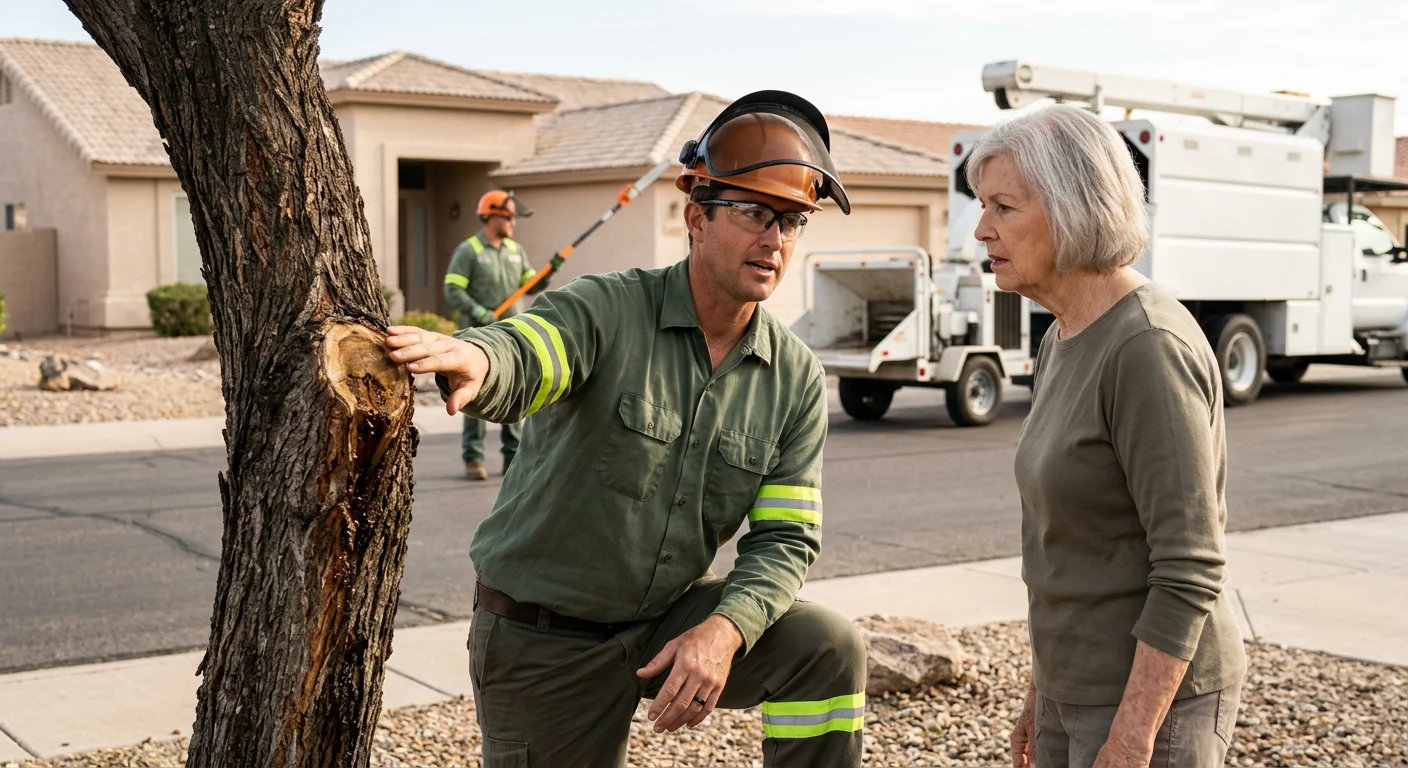 Arborist inspecting a mature tree trunk during a risk evaluation in Sun City