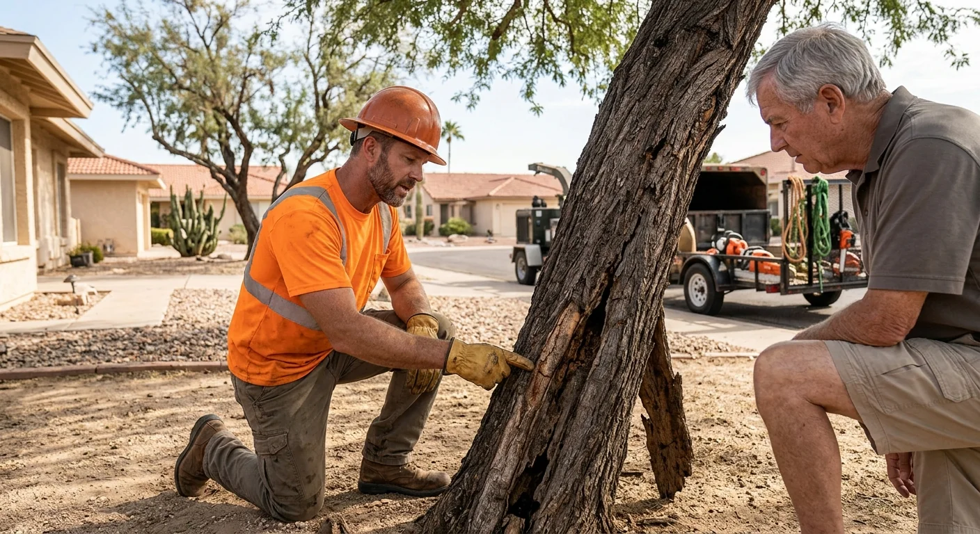 Arborist inspecting a mature tree for structural risks on a Sun City property