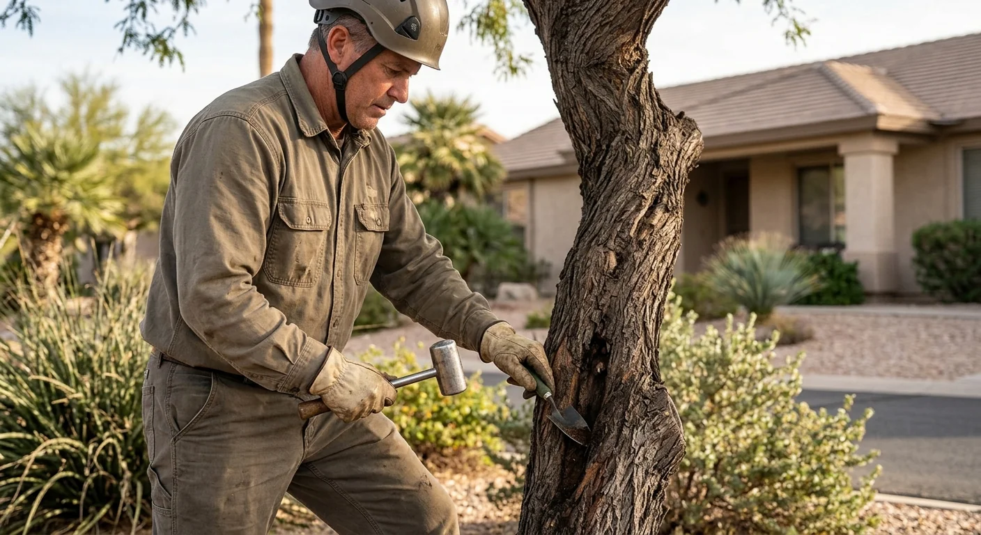 Arborist inspecting a mature mesquite trunk for decay on a Sun City property