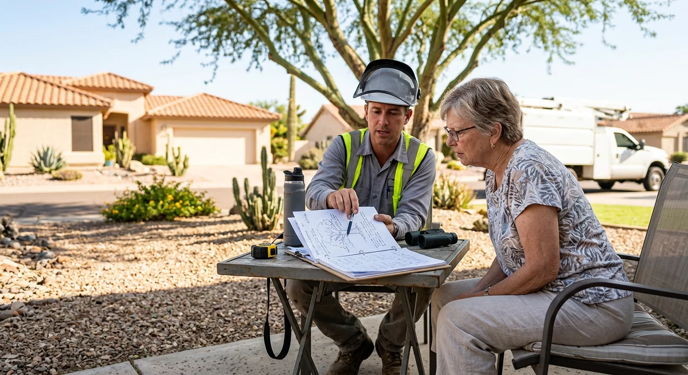 Technician reviewing a written tree risk report with a homeowner outdoors