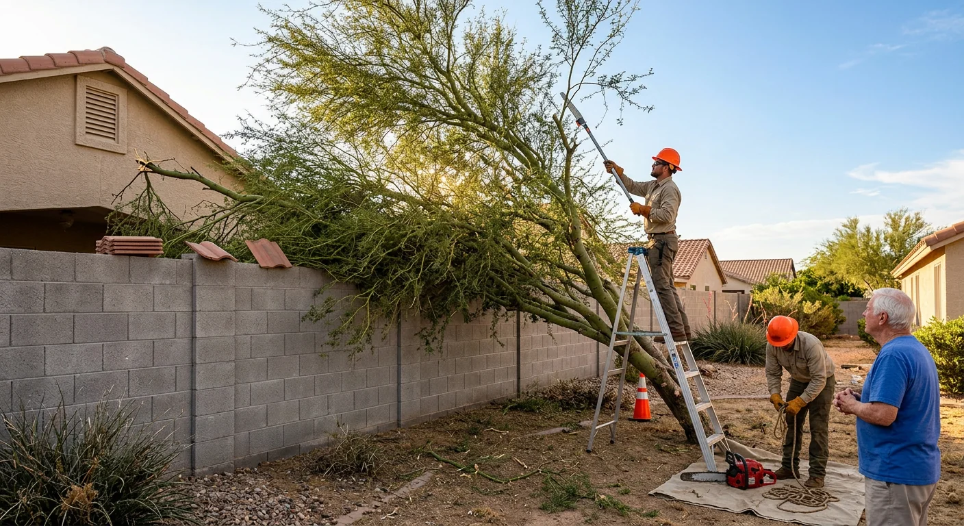 Palo verde canopy leaning toward a residential block wall after monsoon winds