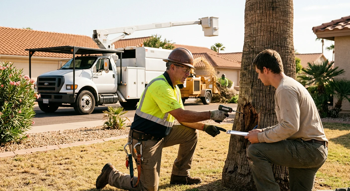 Arborist evaluating branch structure and canopy health on a residential property