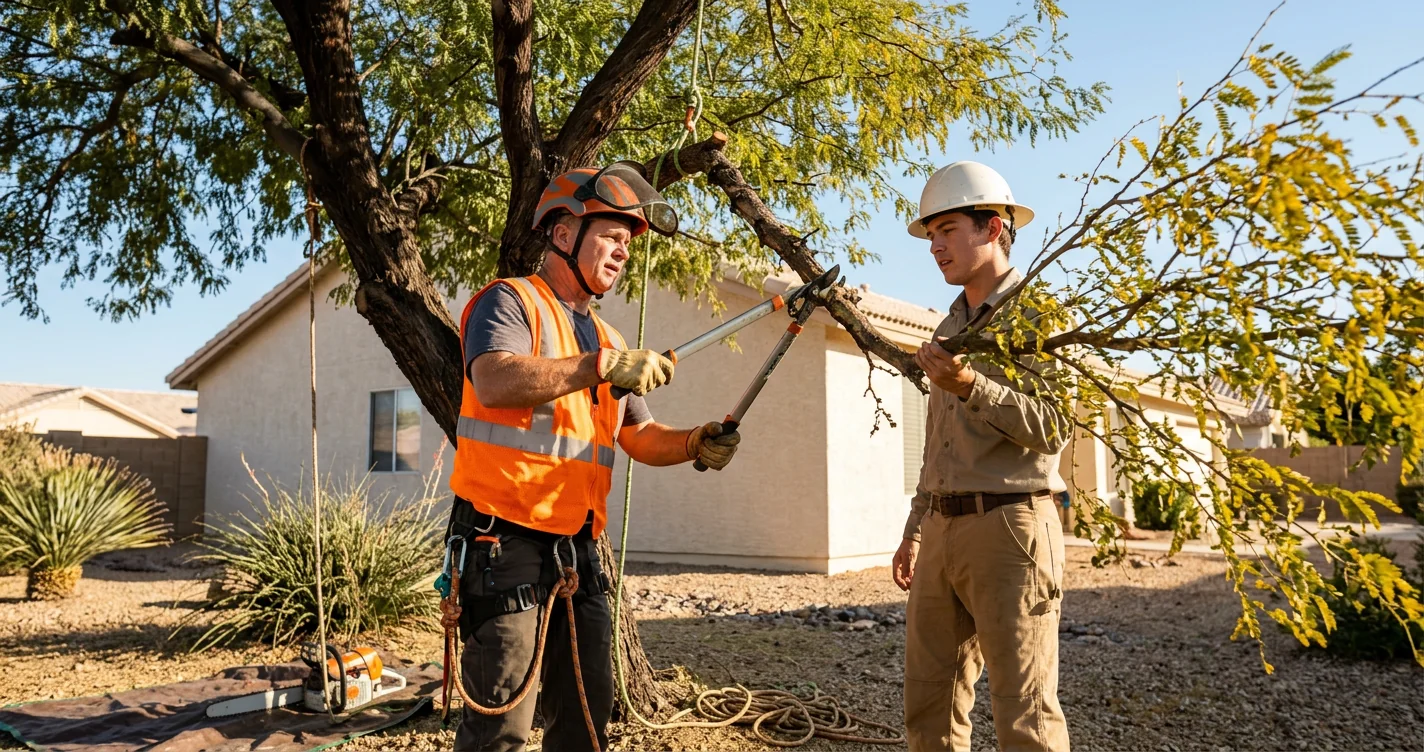 Arborist assessing tree health and structural risk on a Sun City residential property