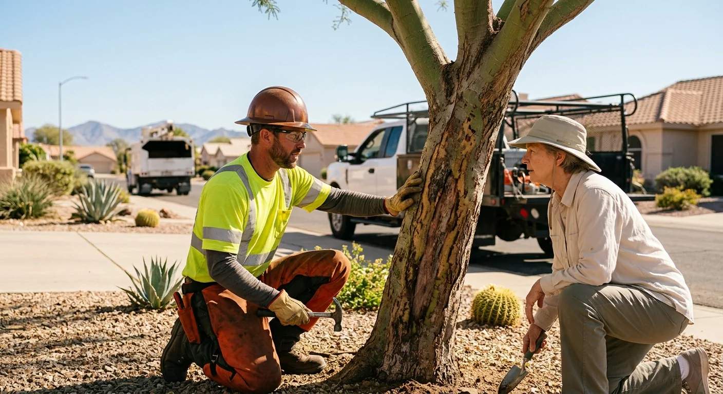 Arborist explaining tree health findings to a homeowner during a property inspection
