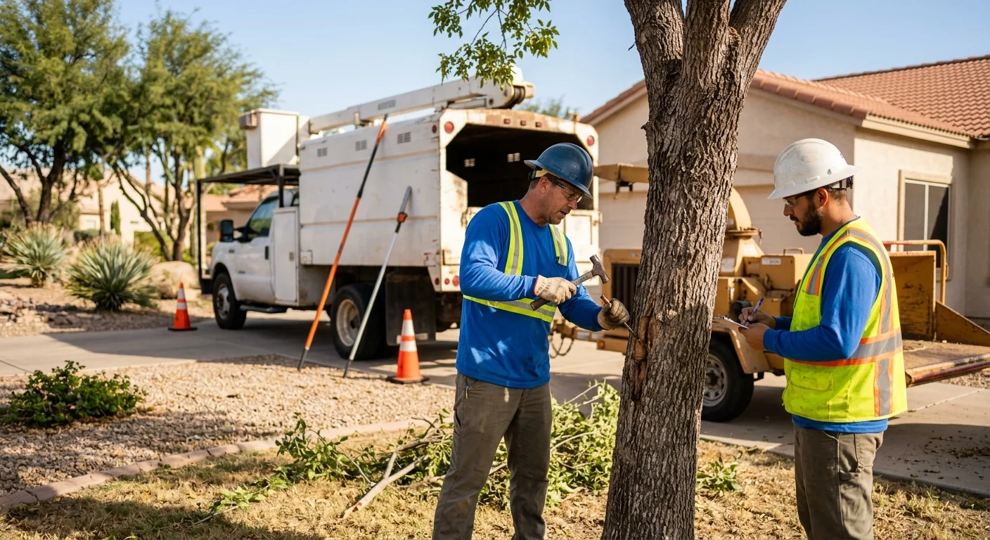 Arborist inspecting a mature desert tree canopy at a Sun City home
