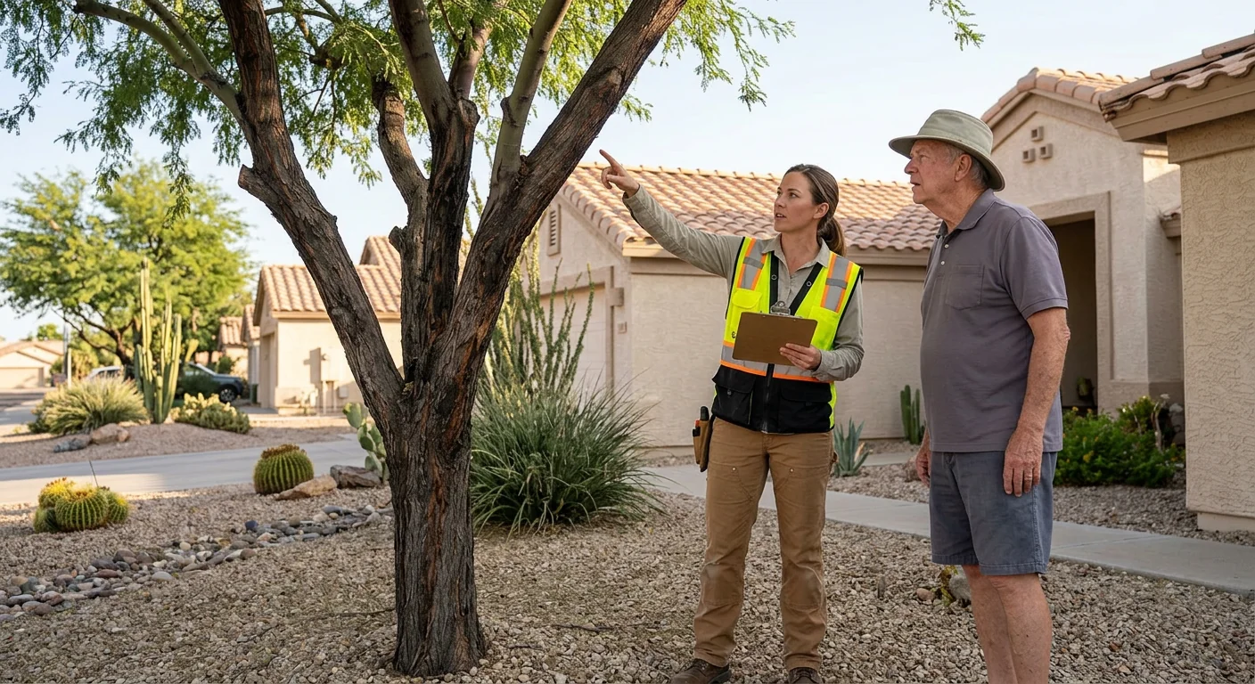 Arborist inspecting a shade tree during a homeowner property visit in Sun City