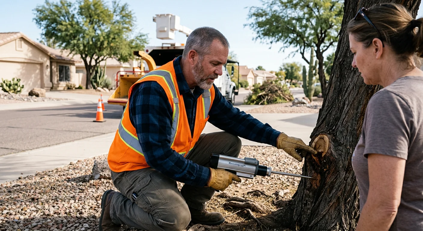 Trained technician inspecting climbing gear near a mature desert tree in Sun City
