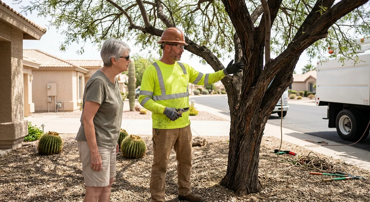 Arborist reviewing tree condition with a homeowner during a Sun City property inspection