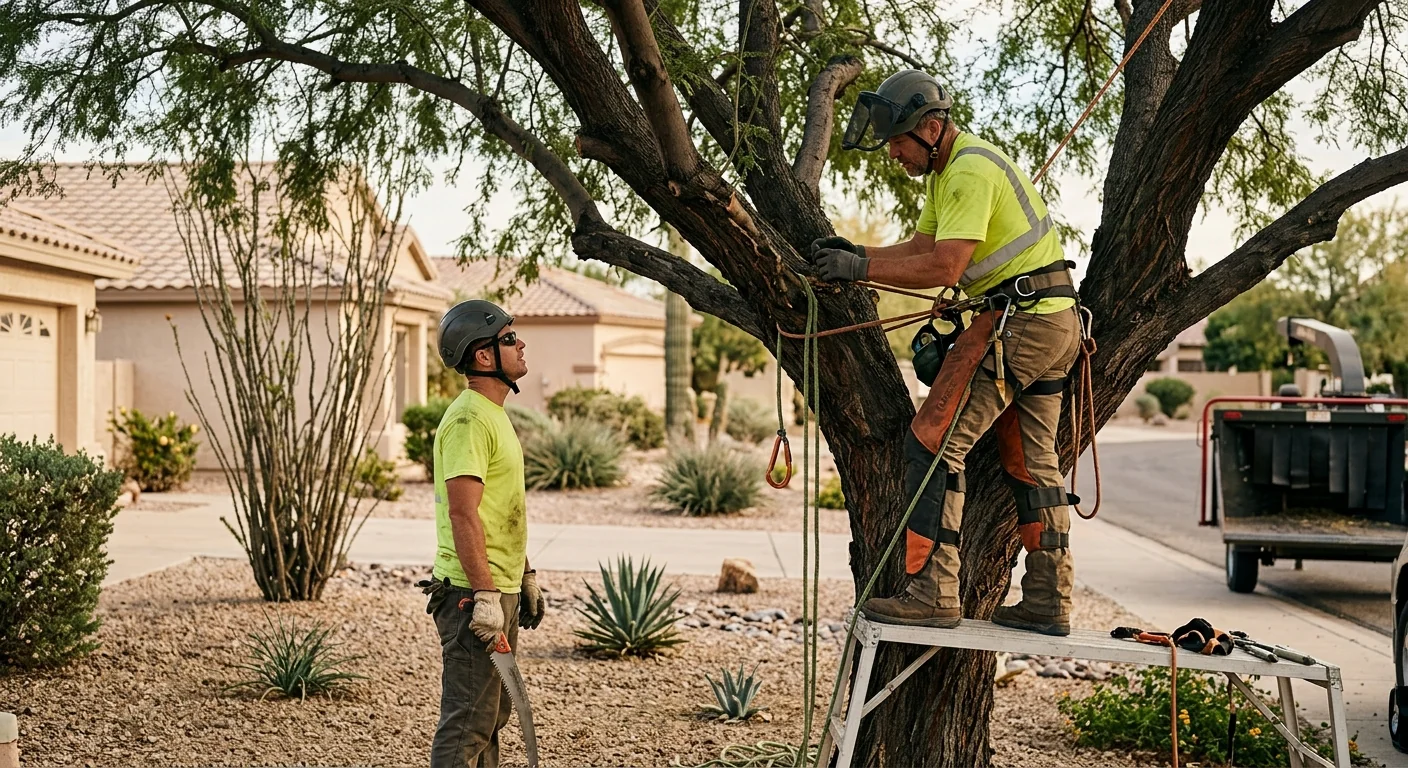 Arborist evaluating a mature tree canopy during a property inspection