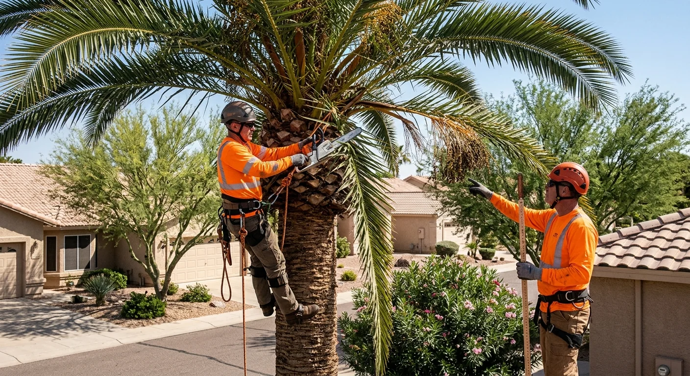 Arborist inspecting a storm-stressed shade tree canopy in a Sun City yard