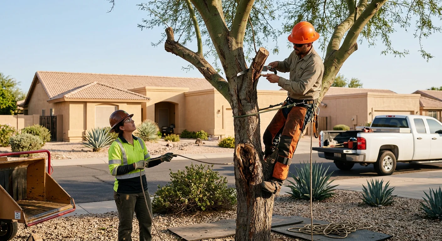 Tree service crew reviewing safety gear and rigging before a Sun City removal job