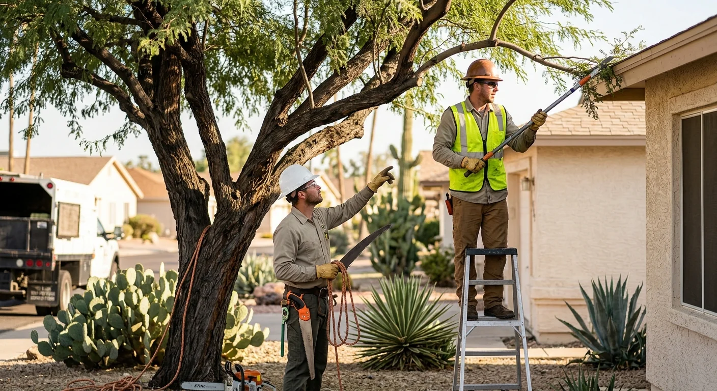 Experienced tree crew using rigging to safely remove a large limb in Sun City