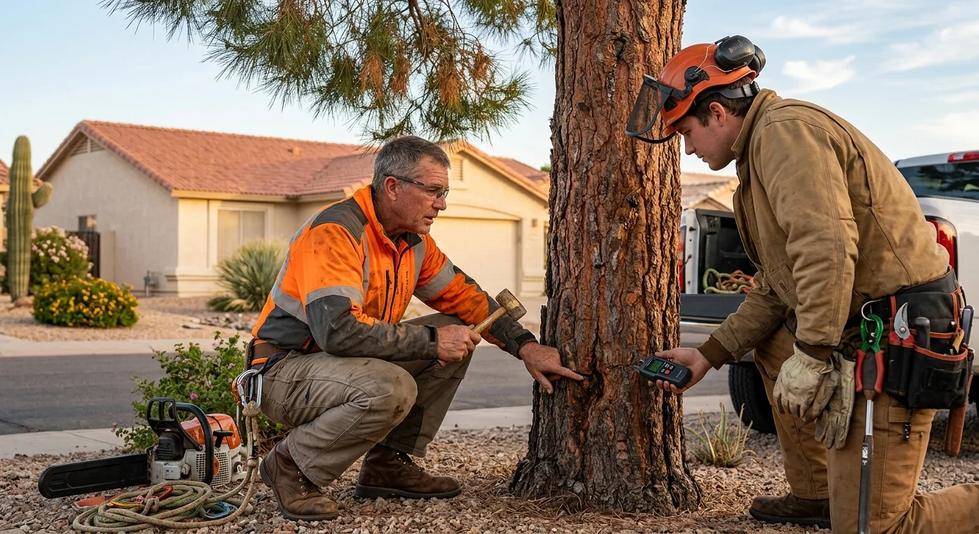 Arborist trimming a mature shade tree canopy at a Sun City home