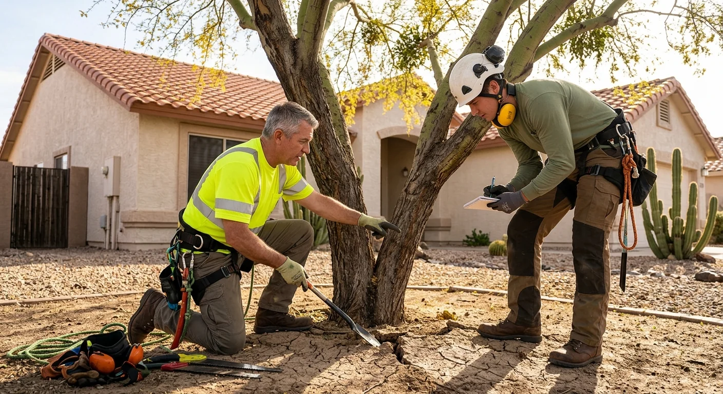 Arborist trimming mature tree canopy in a Sun City residential yard
