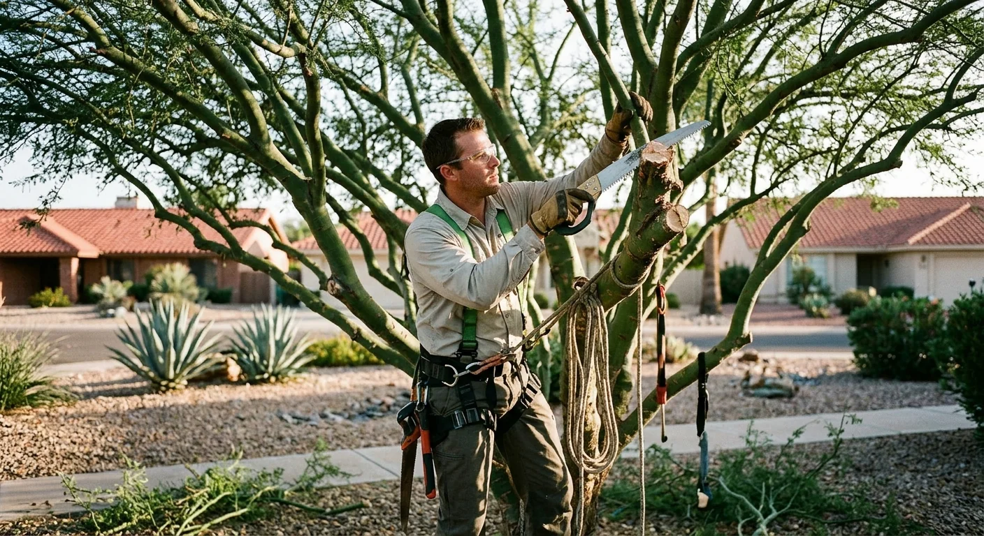 Arborist making a precise pruning cut on a mature desert tree canopy