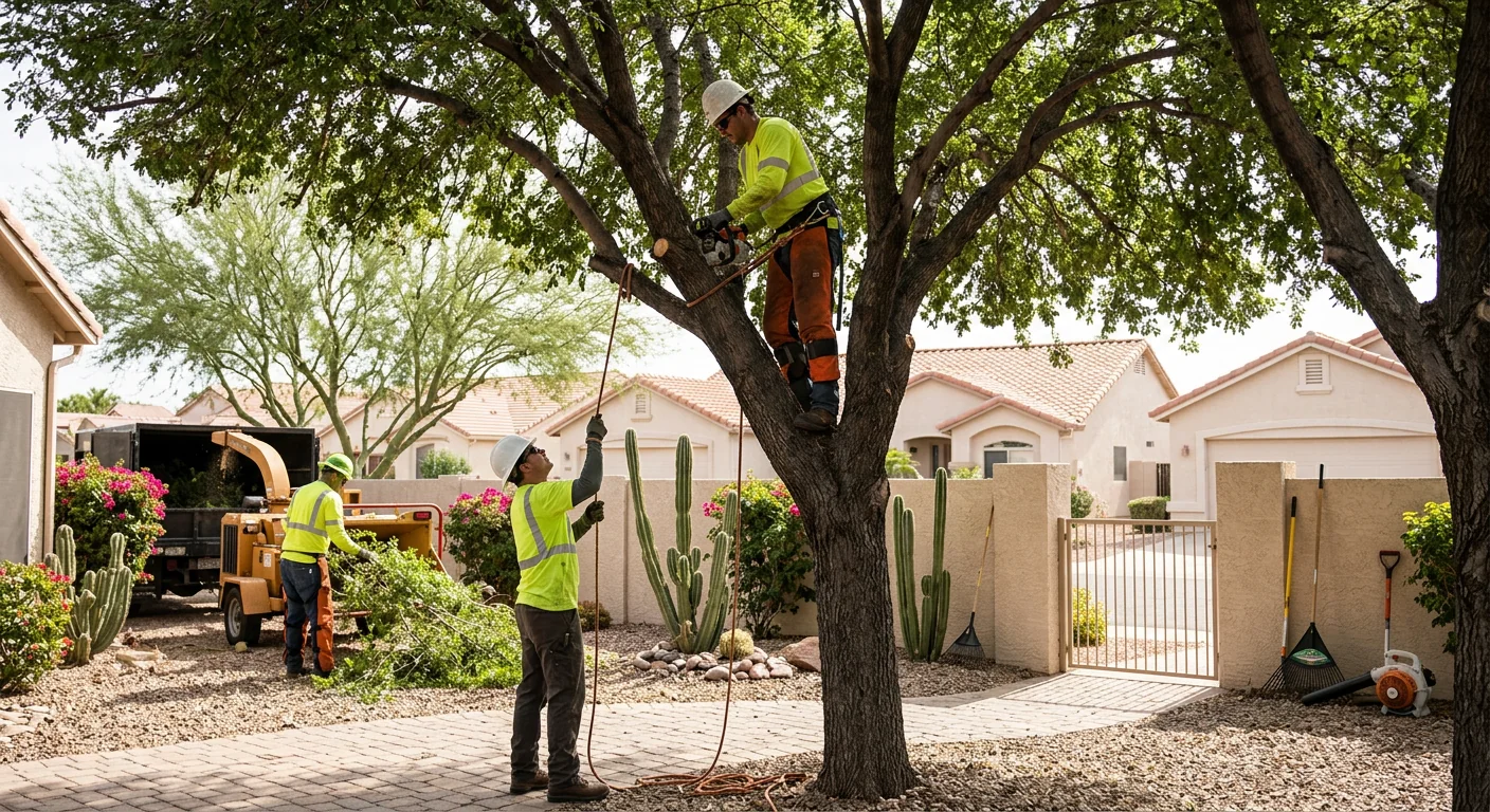 Crew thinning a dense canopy over a Sun City residential backyard