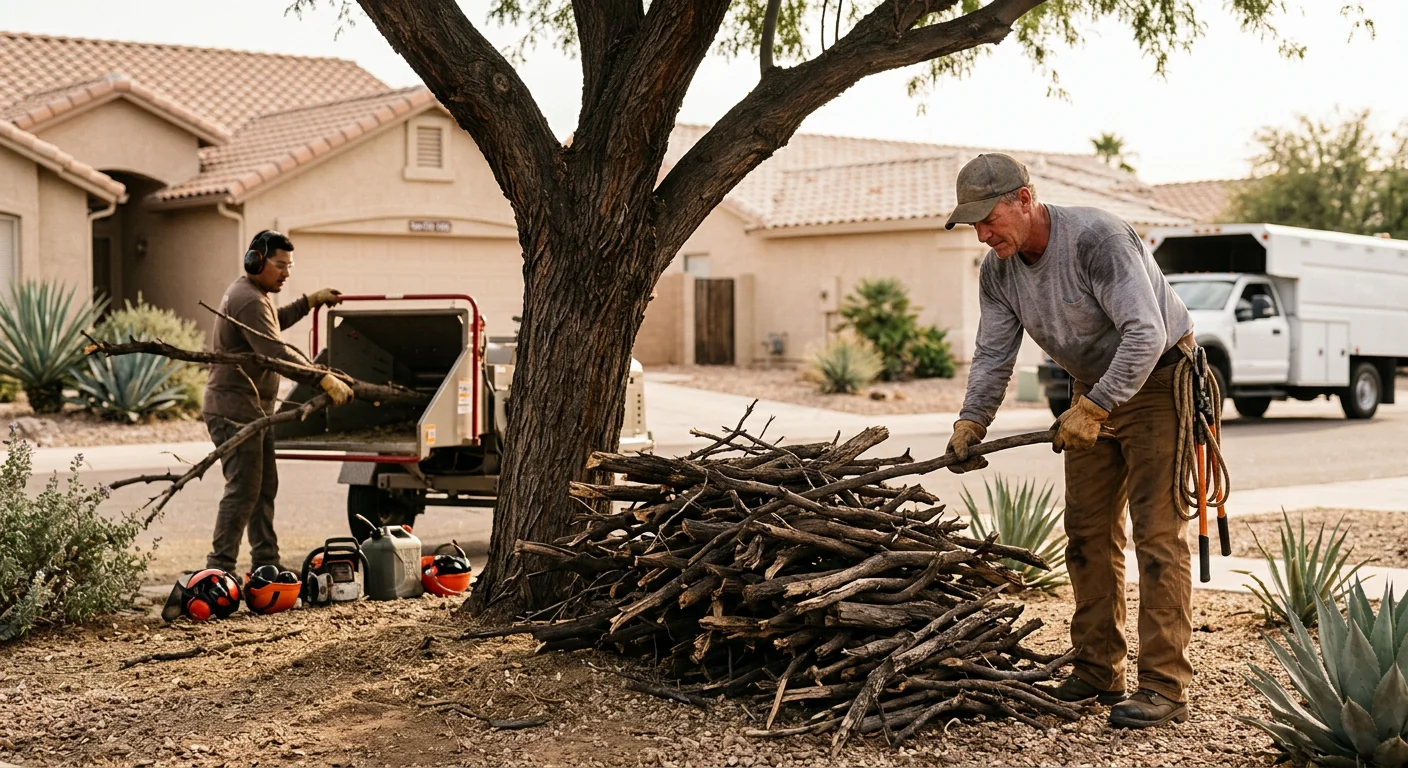Deadwood branches removed and stacked beside a trimmed shade tree