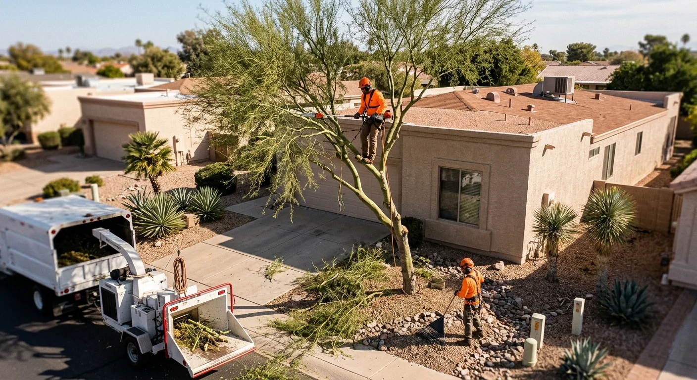 Trimmed palo verde providing clearance above a home roofline in Arizona