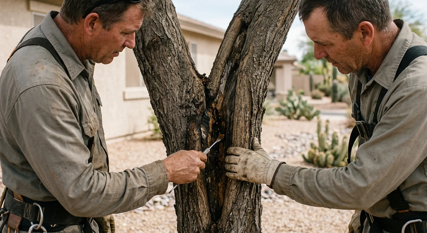 Cracked branch union and crossing limbs on an untrimmed shade tree
